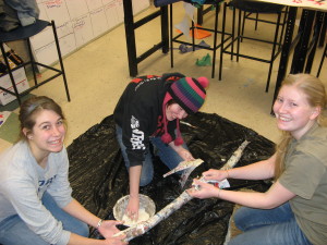 Lizzy, Helena, and I making paper mache branches.