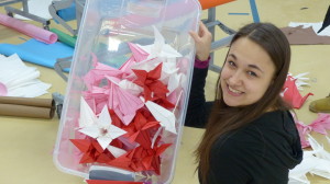 Sierra from Emerson with origami flowers.