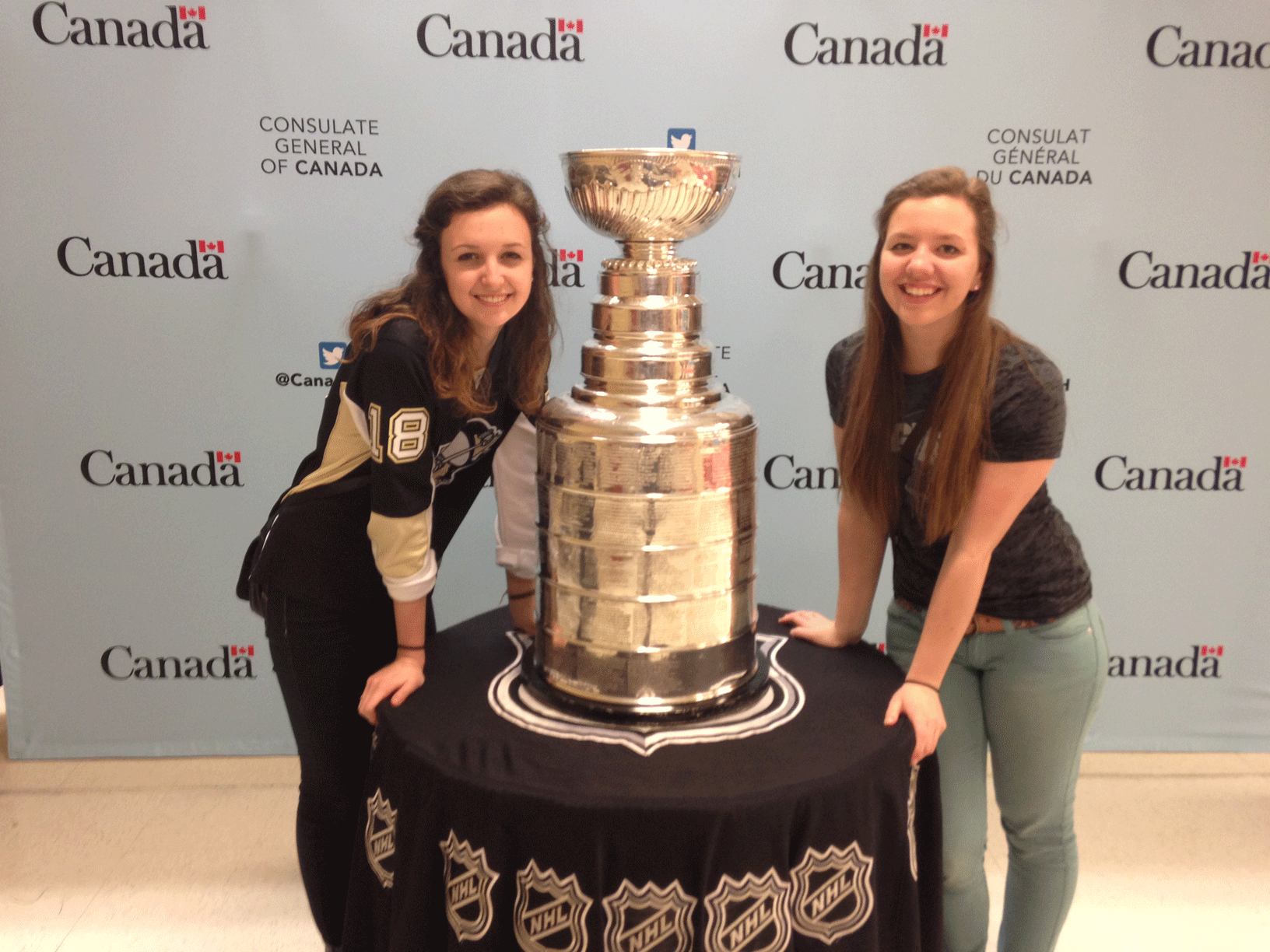 Juniors at Avonworth High School Chloe Raught (left) and Emily Grambo (Right) take a photo with the Stanley Cup 