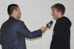 Brandon Wasko is interviewed before his team's final home game. 