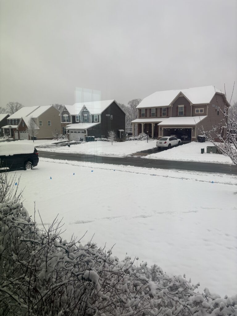 Across the street, the roofs of other houses were delicately laced with snow. The car pulling into the driveway escapes the bitter cold.